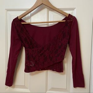 American Eagle burgundy long-sleeve crop top with beautiful lace backing / XS